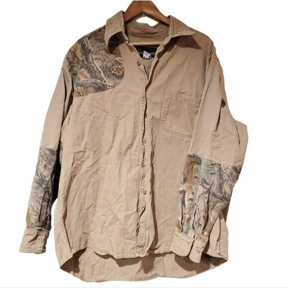 Vtg Camo Button Up Shirt Mens XL Hunting Shacket Beige Workwear Fishing Gorpcore
